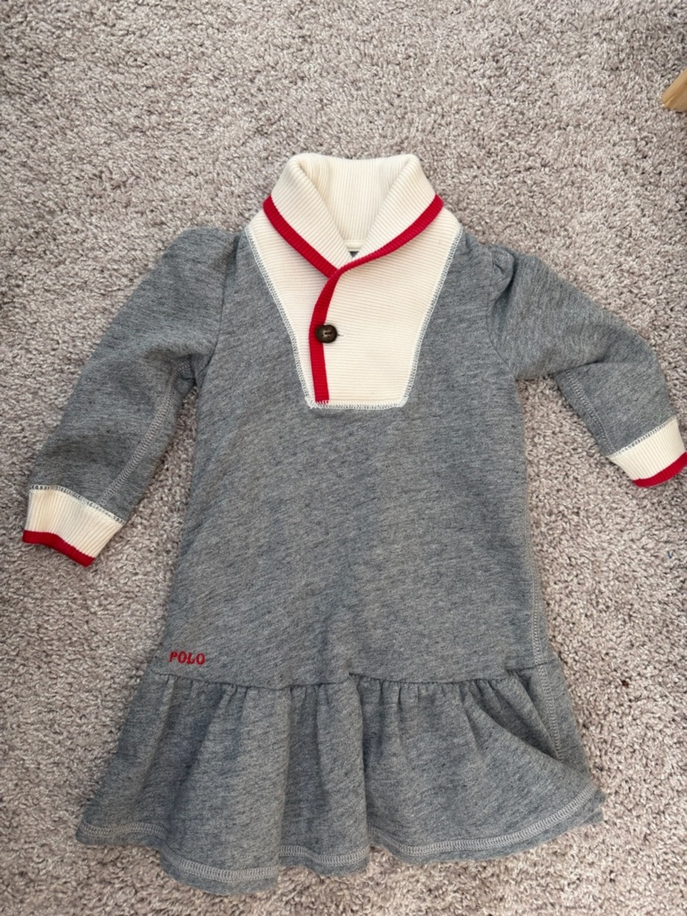 Ralph Lauren Grey Knit Baby Dress with Cream Shawl Collar and Red Trim